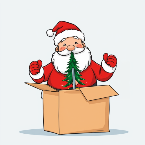 Santa Claus Unboxing a Magical Christmas Tree Pole