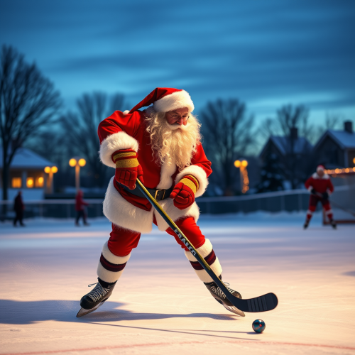 Santa Claus plays hockey on skating rink at night.