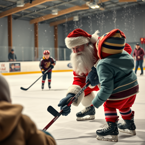 Santa Claus plays hockey with kids on ice.