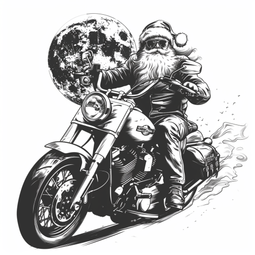 Santa Claus rides motorcycle under full moon