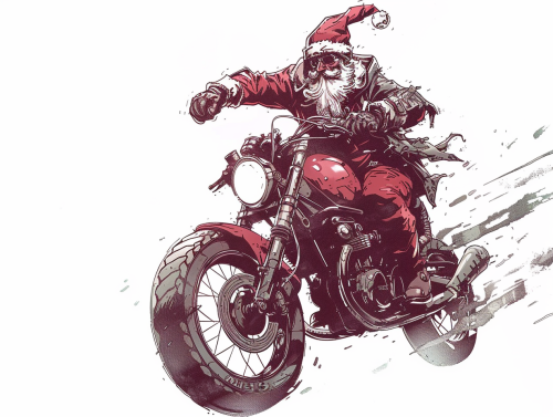 Santa Claus riding motorcycle in black and white.