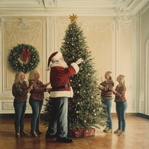Santa Decorating Christmas Tree with Elegant Women