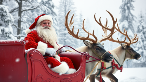 Santa and Reindeer on Sleigh in Snowy Forest