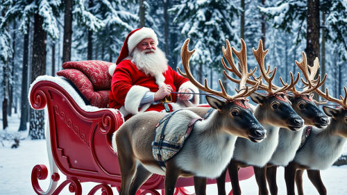 Santa on Sleigh with Reindeer in Snowy Forest