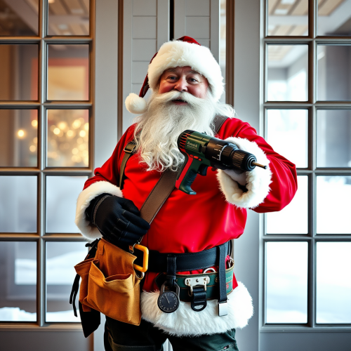 Santa with Tool Belt and Drill by Glass Doors