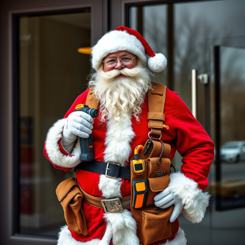 Santa with Tool Belt and Drill by Glass Doors