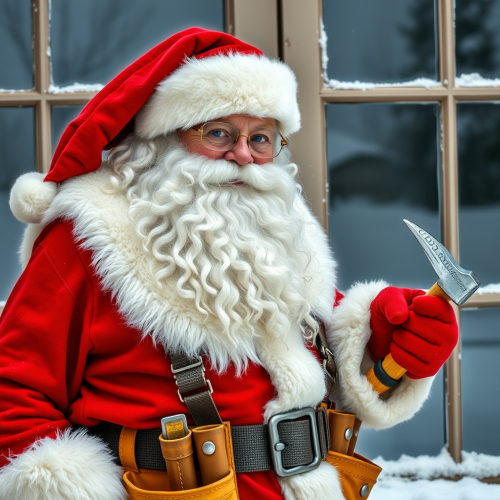 Santa with Tool Belt and Hammer near Windows