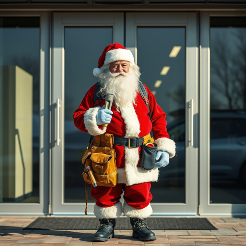 Santa with Tool Belt in Front of Glass Doors
