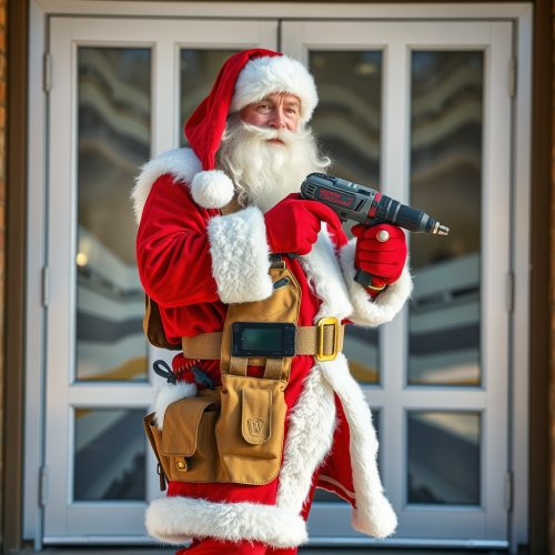 Santa with a Drill and Tool Belt by Glass Doors