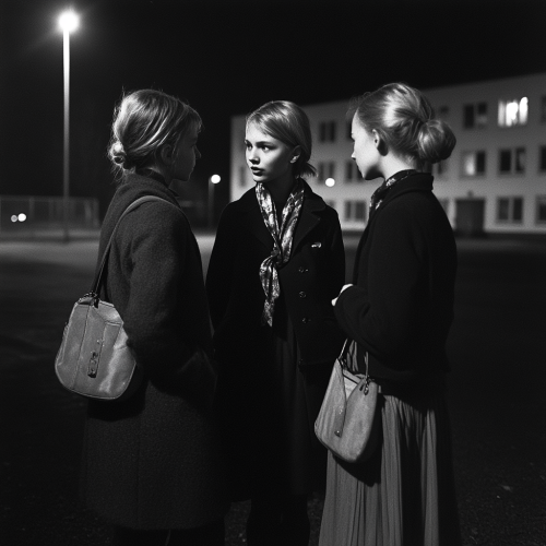Scandinavian girls chat by school in evening with scarves