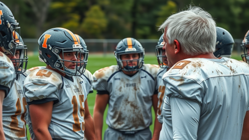 Scared high-school football players look at coach angrily.
