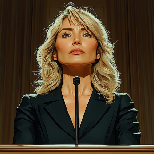 Scared woman facing court at podium, minimalist style art.