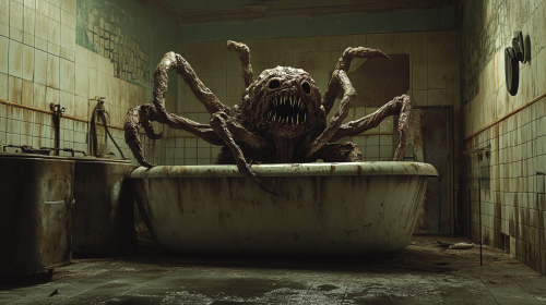 Scary Monster in Abandoned Creepy Medieval Bathhouse