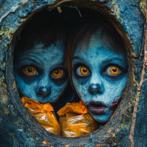 Scary ghost children trick or treating at night