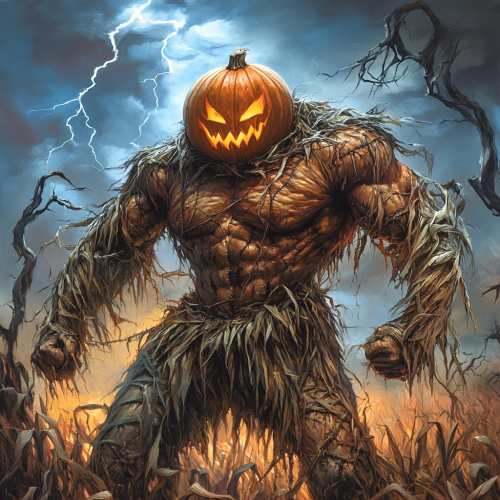 Scary giant scarecrow guards the spooky autumn field