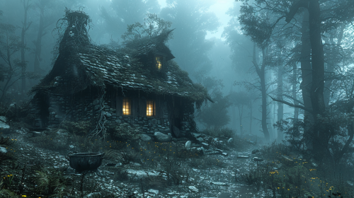 Scary old hag in misty forest hut.