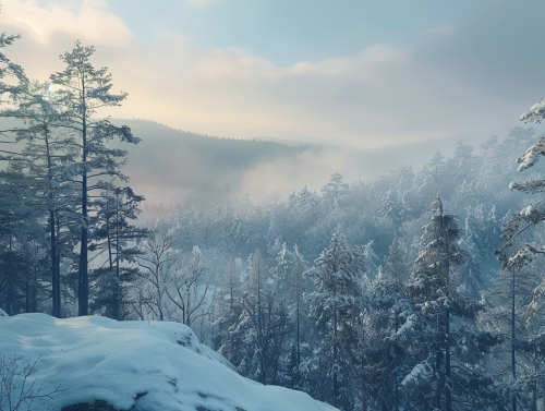 Scenic Winter Forest on Chilly Morning Hilltop