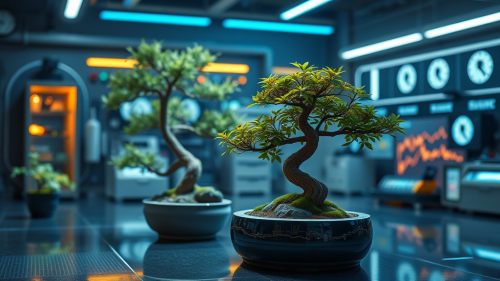 Sci-Fi Lab with Bonsai Plants and Time Travel Watches