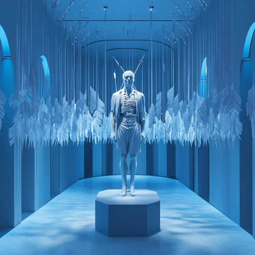 Sculpture of old man impaled by arrows in store.