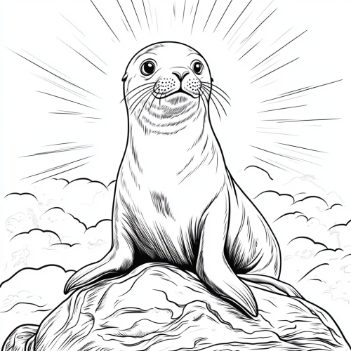 Sea lion design with Disney-like eyes, on rock.