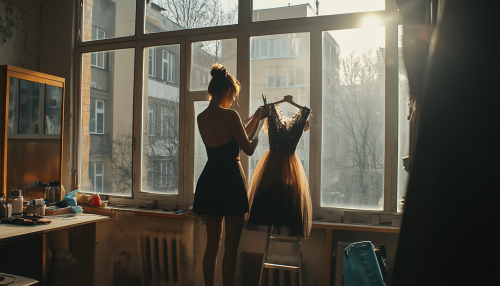 Seamstress adjusting dress on woman for Vogue photoshoot