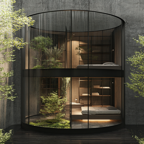 Sectional view of cabin with circular glass room. Inside: garden, 3 stories, bunk beds. Sectional view of cabin with circular glass room. Inside: garden, 3 stories, bunk beds.