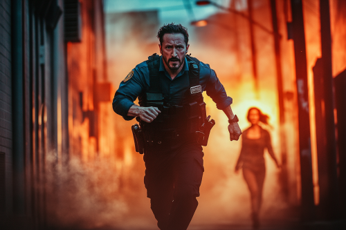 Security guard running through alley, woman's fearful face blurred.