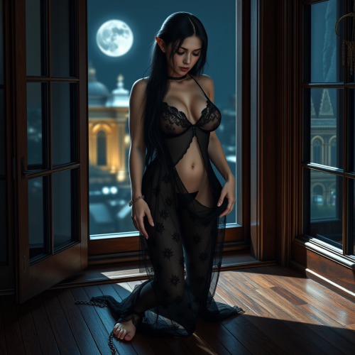 Sensual Elf Woman in Moonlit Luxury Room