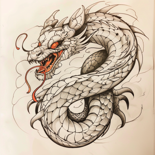 Sepia Dragon Tattoo with Red Eyes on White
