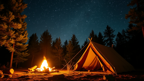 Serene Campsite with Rustic Tent Under Starlit Sky Serene Campsite with Rustic Tent Under Starlit Sky
