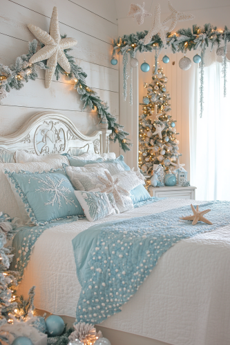 Serene Coastal Christmas Bedroom Decor in Blue Tones