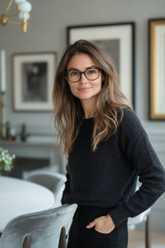 Serene Italian woman in kitchen with Scandinavian decor