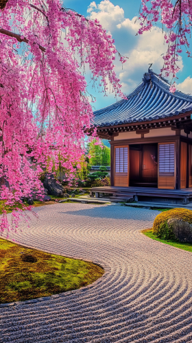 Serene Japanese temple with weeping cherry blossom tree