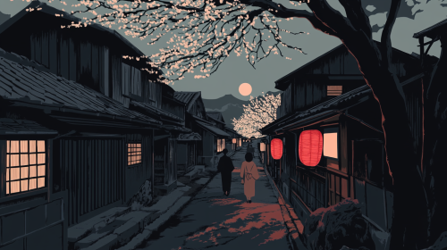 Serene Japanese village night scene in woodblock print.