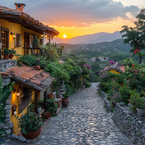 Serene Sunset Rural Mexican Village Cobblestone Streets Serene Sunset Rural Mexican Village Cobblestone Streets