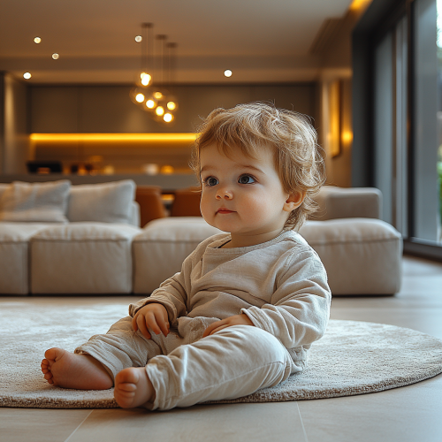 Serene child playing in cozy, modern living room