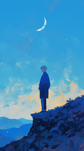 Serene man in blue sweater gazes at moon on mountain. Serene man in blue sweater gazes at moon on mountain.