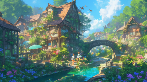 Serene village fantasy scene with children playing dragonflies