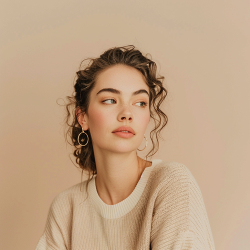 Serious woman in a calm studio setting with grace