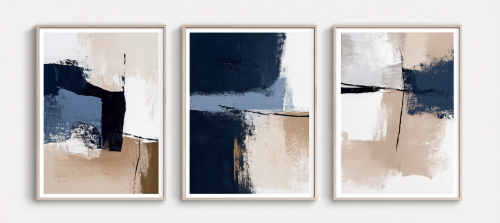 Set of three abstract art frames in neutral tones.