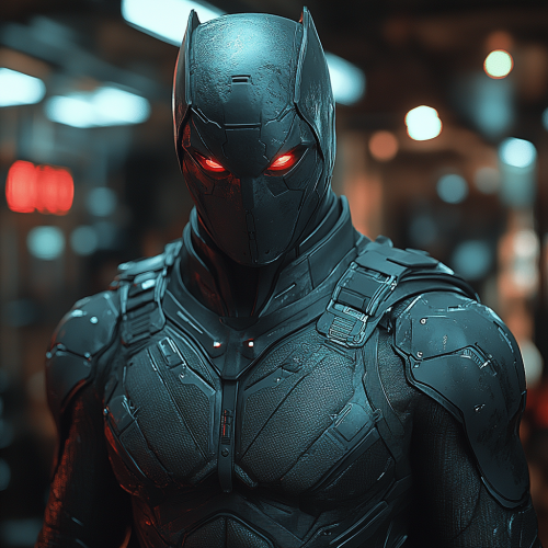 Shadowstrike stands in Batcave, red eyes glowing, Batman hidden.