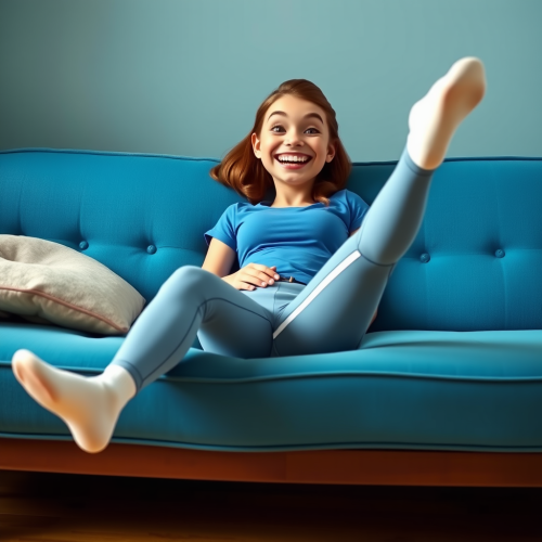 Sharon Spitz Lookalike Smiling on Blue Sofa