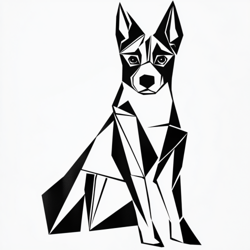 Sharp, geometric dog with angular features in black and white.