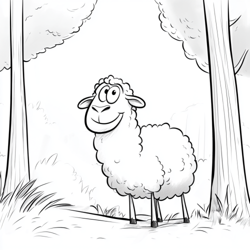 Sheep in forest, smiling, white background, black and white.