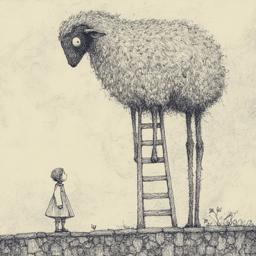 Sheep-like creature on ladder with child, eerie setting.