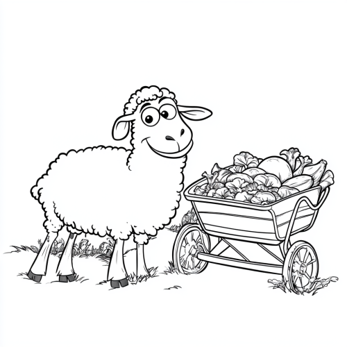 Sheep standing in a garden next to wheelbarrow.