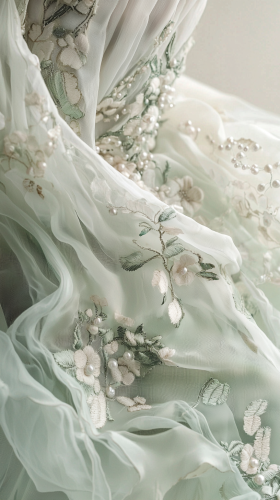 Shimmering White Dress with Green and Pearls