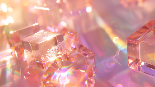 Shiny crystal cubes stacked with rainbow reflections