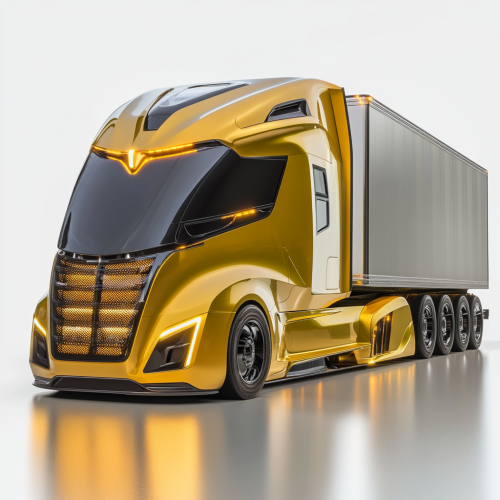 Shiny yellow semi-truck with modern design, reflective details