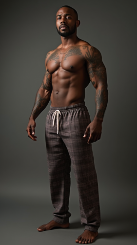 Shirtless African American Man with Tattoos in PJs
